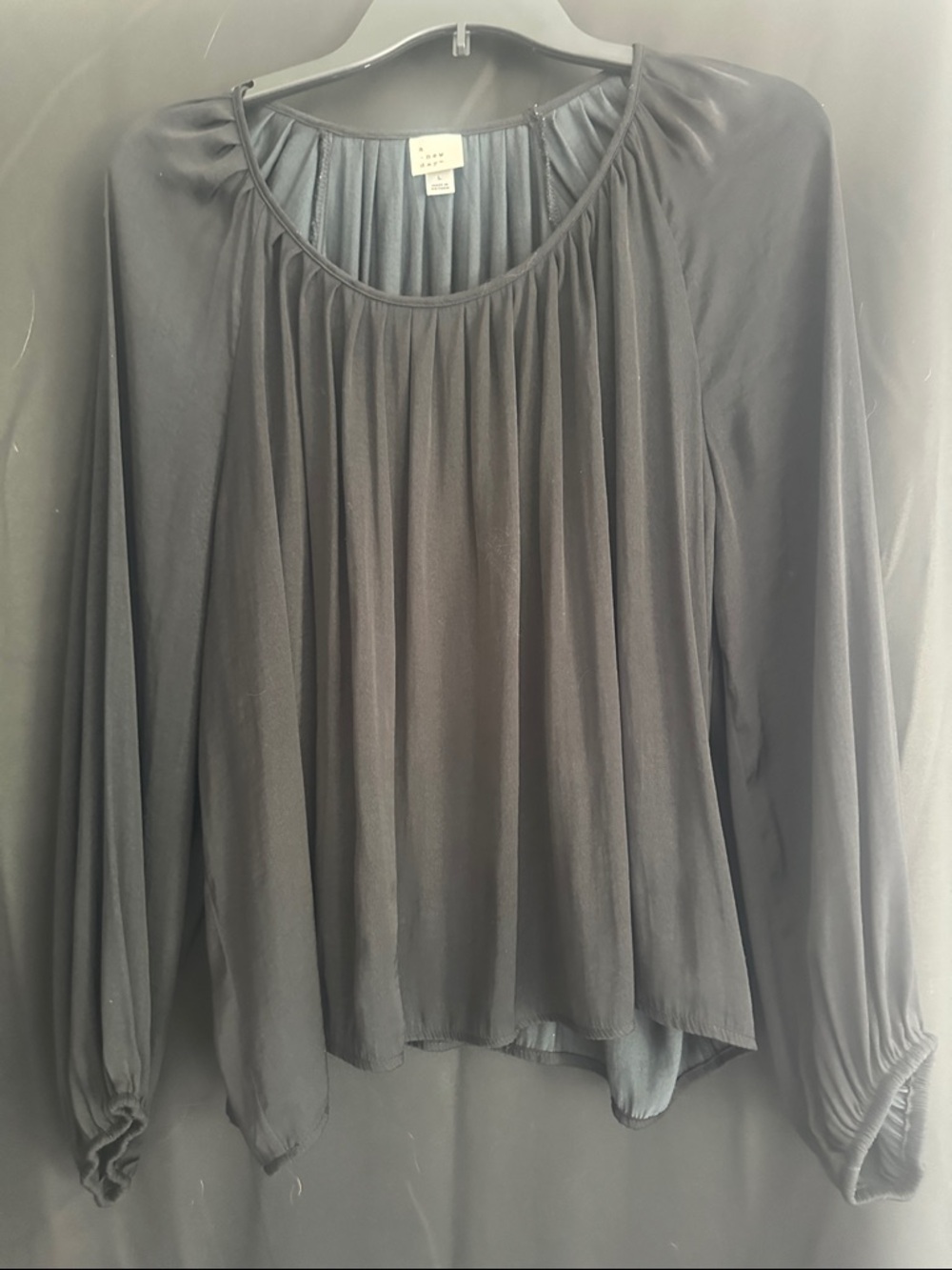 a new day Black Long-Sleeve Pleated Peasant Blouse